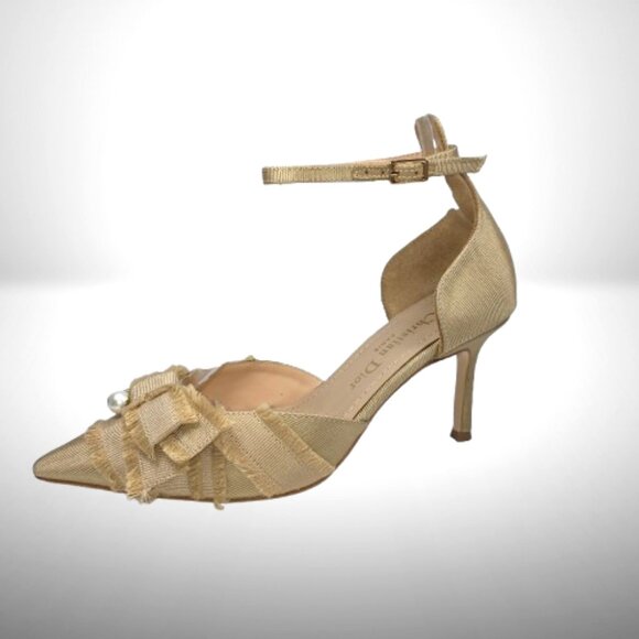 Christian Dior Gold Satin Pearl-Bow Heels – Size 38 - Picture 4 of 9